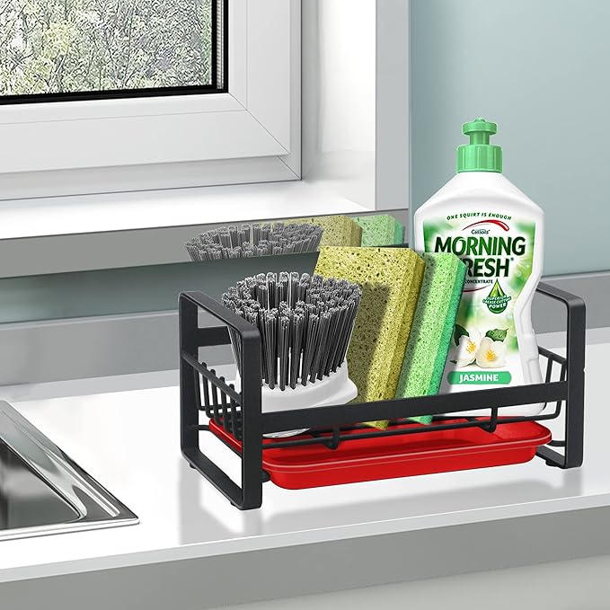 Kitchen Sponge Holder for Sink, Kitchen Sink Caddy Organizer, Sink Tray Drainer Rack, Dish Rags Brush Soap Storage Countertop with Removable Front Drain Pan - Black&Red