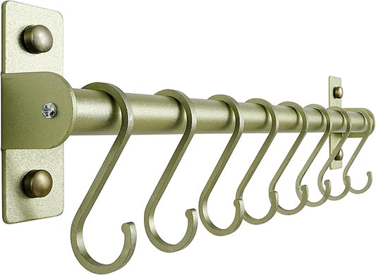 Dseap Kitchen Utensil Holder Hanger, Pot and Pan Rack Wall Mounted, Kitchen Rail with 8 Hooks for Hanging Cooking Utensils, Mugs, Spoons, Wall Mounted, Champagne Color-NeatNest