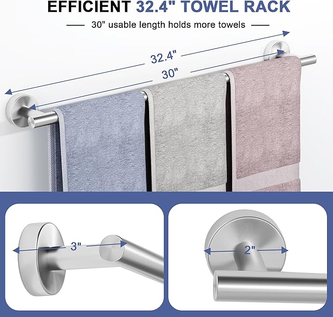 Brushed Nickel Towel Bar, 30 Inch Towel Racks for Bathroom Wall Mounted, SUS304 Stainless Steel Bathroom Towel Holder, Total Length 32.4 Inch Towel Bars