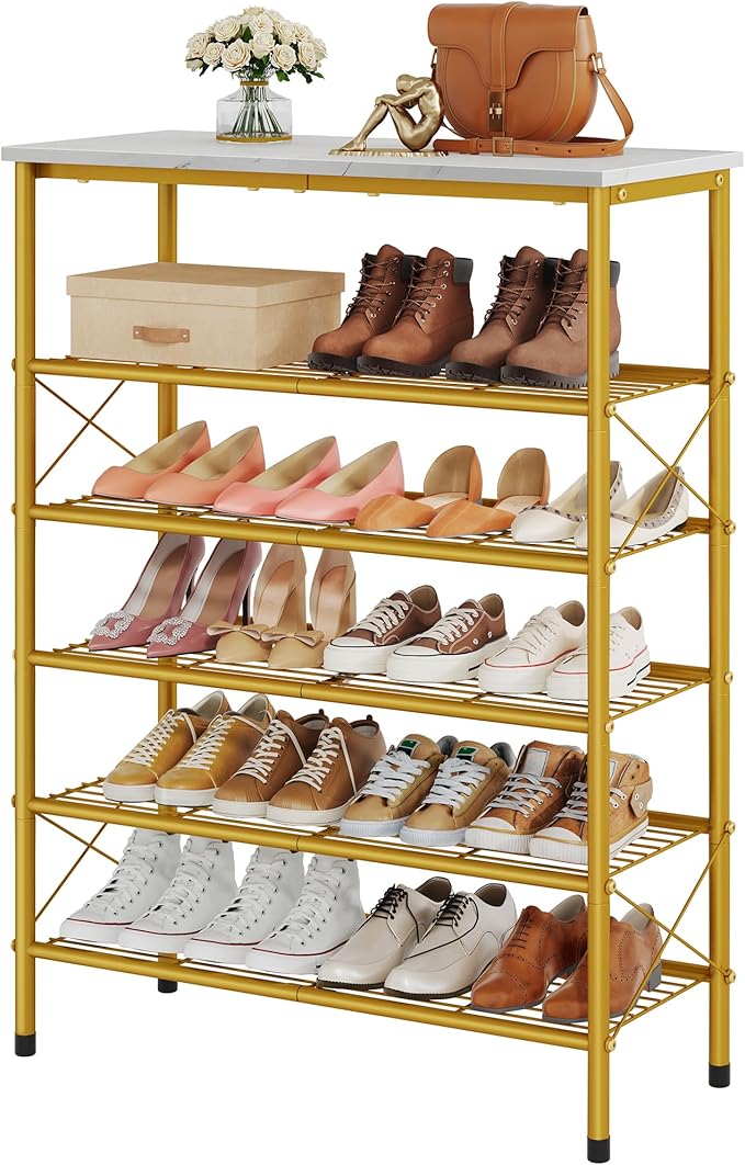 Tajsoon 6 Tier Shoe Rack Organizer for 20-24 Pairs of Shoes, Metal Mesh Shoe Shelf for Closet, Industrial Shoe Rack for Entryway Shoe Storage with X Shape Fixed Frame, White & Gold-NeatNest