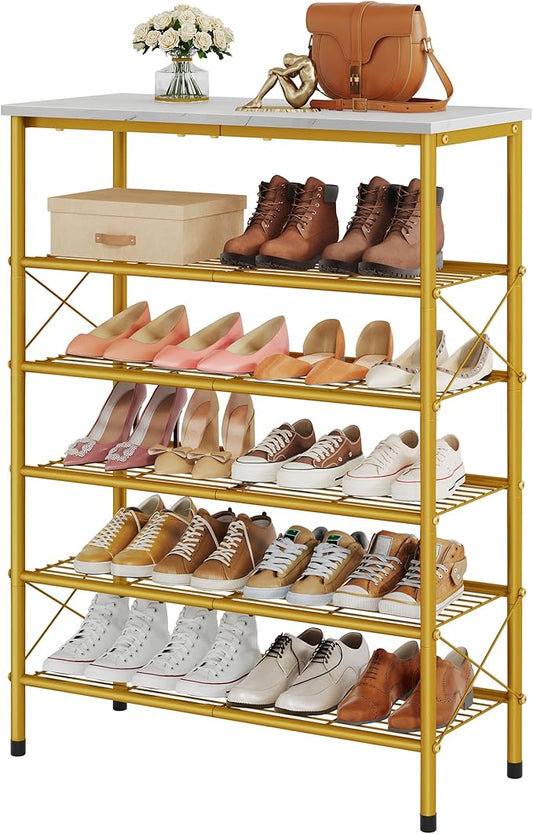 Tajsoon 6 Tier Shoe Rack Organizer for 20-24 Pairs of Shoes, Metal Mesh Shoe Shelf for Closet, Industrial Shoe Rack for Entryway Shoe Storage with X Shape Fixed Frame, White & Gold-NeatNest
