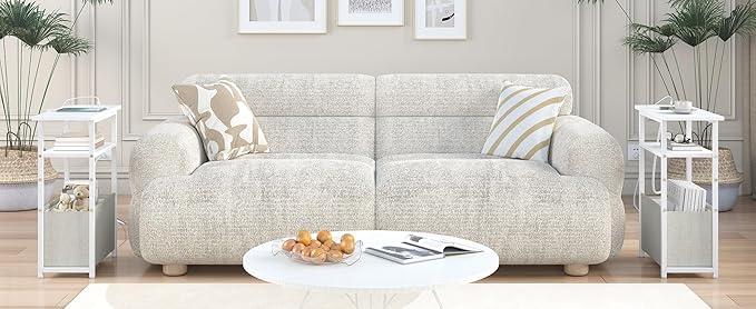 Narrow Side Table with Charging Station, Small End Table for Small Spaces, Skinny Nightstands with Storage Basket, 3 Tier Sofa Couch Bedside Tables for Living Room,Bedroom, White