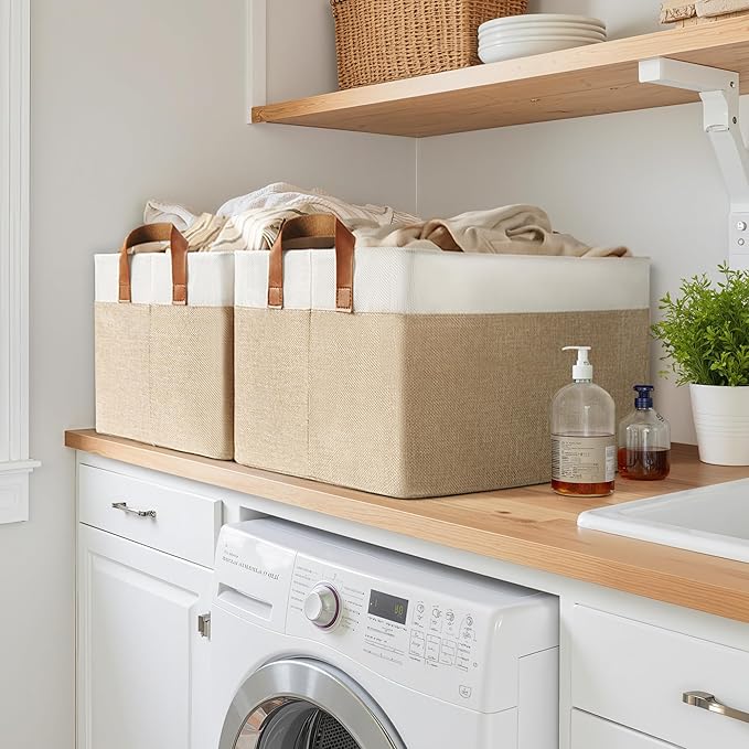 GRANNY SAYS Storage Baskets for Shelves, Closet Organizer Bins, Clothes Storage Bins with Metal Frame, Extra Large Baskets for Organizing and Storage, Collapsible, Khaki, 2-Pack-NeatNest