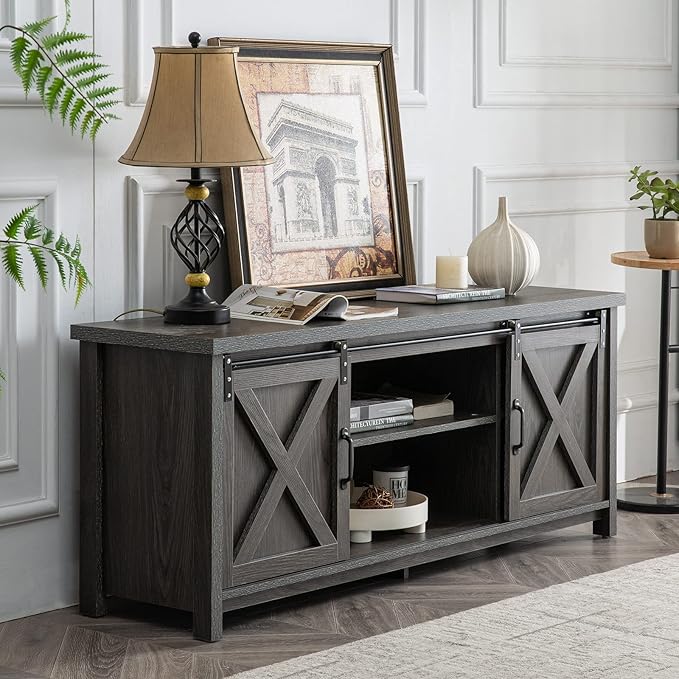 GAZHOME Modern Farmhouse TV Stand with Sliding Barn Doors, Media Entertainment Center Console Table for TVs up to 65”,2-Tier Large Storage Cabinets,Rustic TV Stand for Living Room Bedroom,Dark Grey-NeatNest