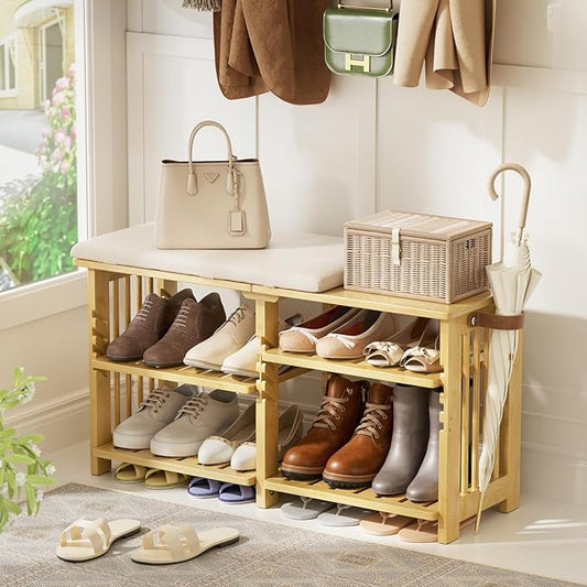 Amazer Bamboo Shoe Rack Bench, 3-Tier Shoe Bench Height Adjustable, Entry Bench with Side Storage Strap, Shoes Organizer Storage Bench, Shoe Shelf with Seat Cushion for Entryway, Living Room, Hallway-NeatNest
