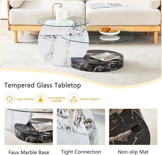 Glass Coffee Tables Round Coffee Tables for Living Room Modern 3 Tier Round Table Circle Coffee Table for Small Space Home Office (35.4 Inch White+Black)