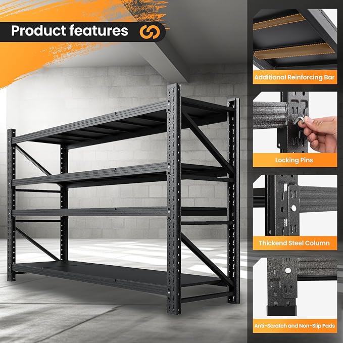 71” W Storage Shelves Heavy Duty, 5000LBS Metal Garage Shelving Units, 4 Tier Storage rack shelf, Steel Industrial Shelving , Adjustable Standing Shelf for Basement/Warehouse 71"W x 24"D x 70"H, Black-NeatNest