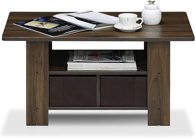 Furinno Andrey Coffee Table with Bin Drawer, Columbia Walnut/Dark Brown-NeatNest
