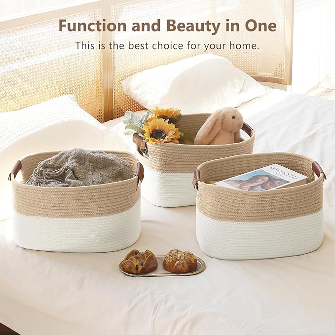 Cotton Rope Storage Baskets,15x10x9 in,Collapsible Storage Bins, Decorative Woven Basket Cube Storage Organizer for Laundry, Towel, Clothes (White/Beige-3Pack, 15x10x9 inches)-NeatNest