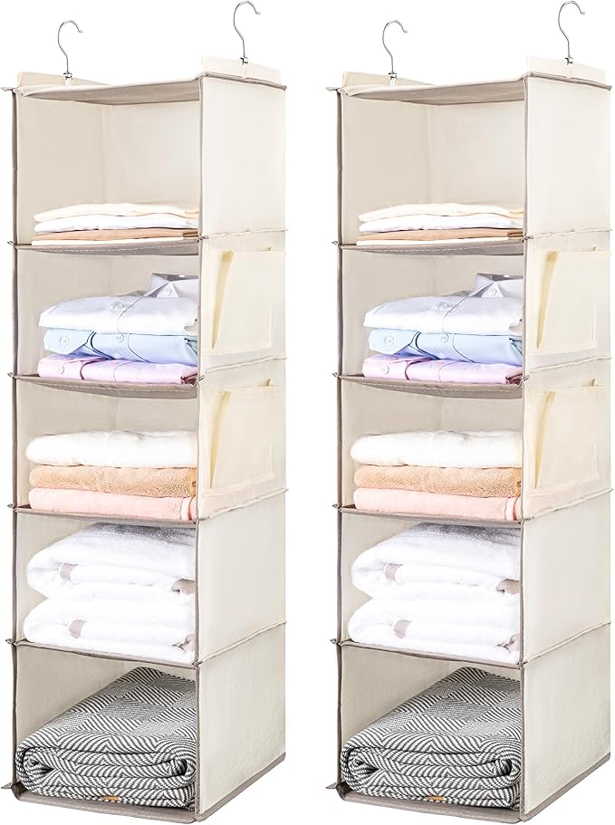 BOOMIBOO Hanging Closet Organize and Shelves，5-Hanging Shelf with 2 Side Pockets，Storage Foldable （2 Pack ，Beige）-NeatNest