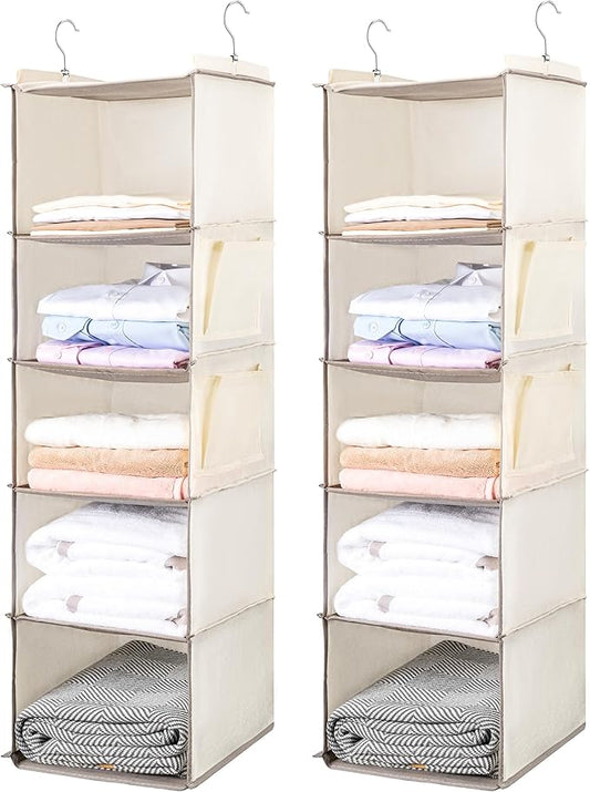 BOOMIBOO Hanging Closet Organize and Shelves，5-Hanging Shelf with 2 Side Pockets，Storage Foldable （2 Pack ，Beige）-NeatNest
