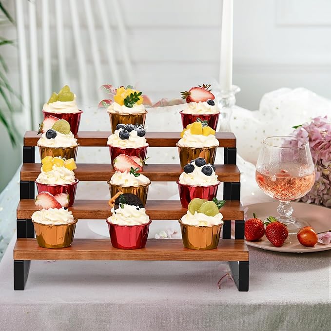4 Tier Wooden Display Riser Stand Perfume Organizer with Metal Stand, Dessert Table Display Set, Food Display Stands for Party, Brown Rustic Solid Wood Shelf for Cupcakes, Perfume, Cologne, Spiece-NeatNest