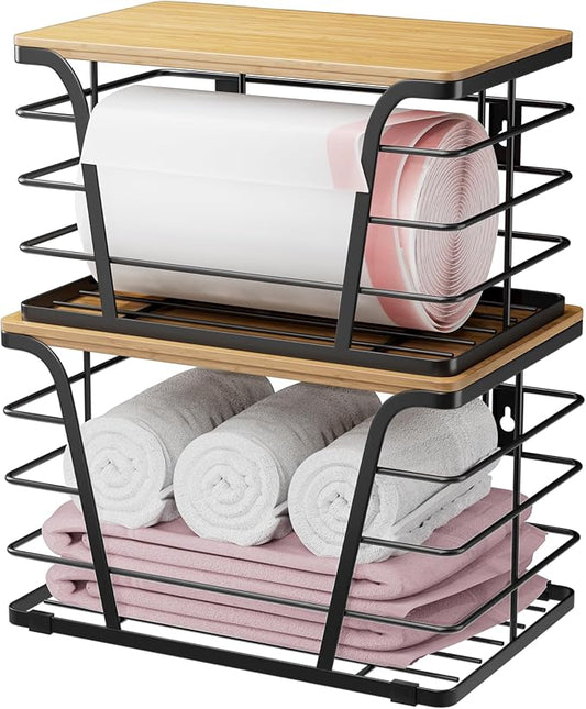 2 Pack Extra Large Stackable Pantry Storage Organizers, Laundry Room Organization, Wall Mount Trash Bag Holder for 13-33 Gallon Bags with Bamboo Top & Garbage Bag Dispenser, Black