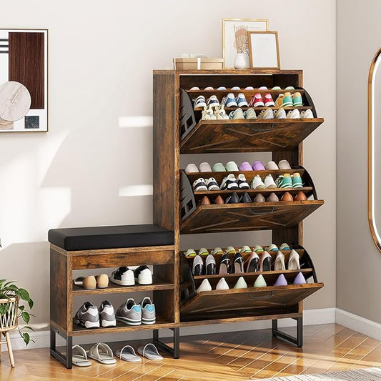 YITAHOME Farmhouse Shoe Cabinet with 3 Flip Drawers for Entryway, Shoe Storage Cabinet with Shoe Bench, Narrow Slim Shoe Rack Organizer for Entrance, Living Room, Hallway, Rustic Brown-NeatNest