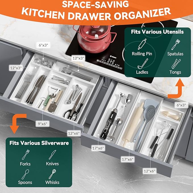 Kitchen Drawer Organizer - 2 Pack, Stackable Bamboo Drawer Organizers, Wooden Storage Box Tray for Cabinet, Pantry, Bathroom Countertop, Multi-use Organization and Storage (White)-NeatNest