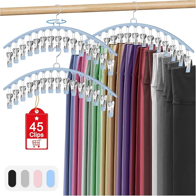 3 Pack Legging Organizer for Closet Hanging, Pants Hangers with 15 Clips Holds 45 Leggings, Shorts, Skirts, Jeans, Hats, Pants Hangers Space Saving Clothes Racks Closet Organizers and Storage, Blue-NeatNest