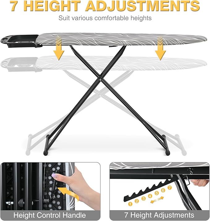 APEXCHASER Full Size Ironing Board with Heat Resistant Cover Foldable Iron Board 7-Lever Height Adjustable Non-Slip Sturdy Metal Legs 14x54, Grey