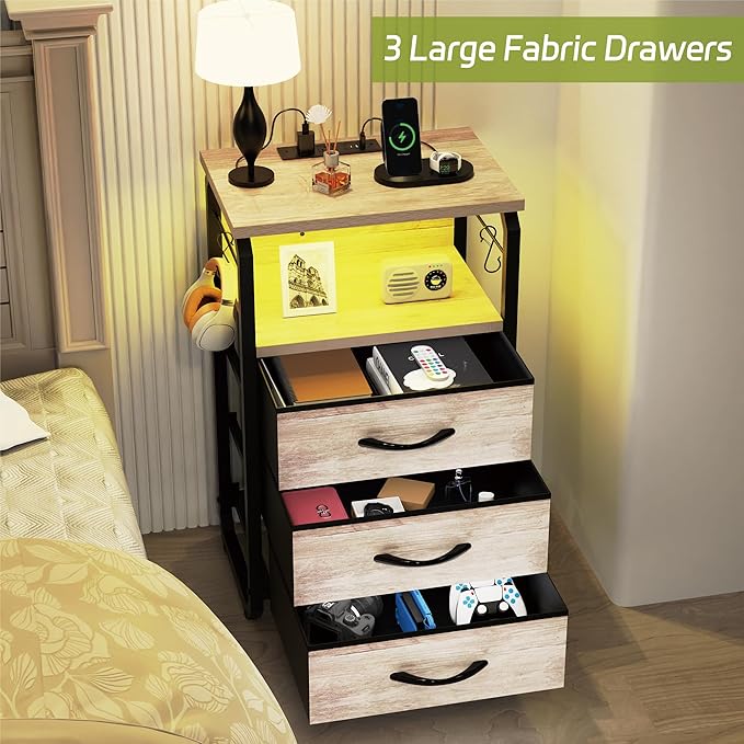 Tall Nightstand Set of 2 with Charging Station, Bed Side Tables Bedroom Set of 2, LED Night Stand Set 2, Bedside Table with Drawers, Night End Table with Storage for Bedroom, Dorm Greige