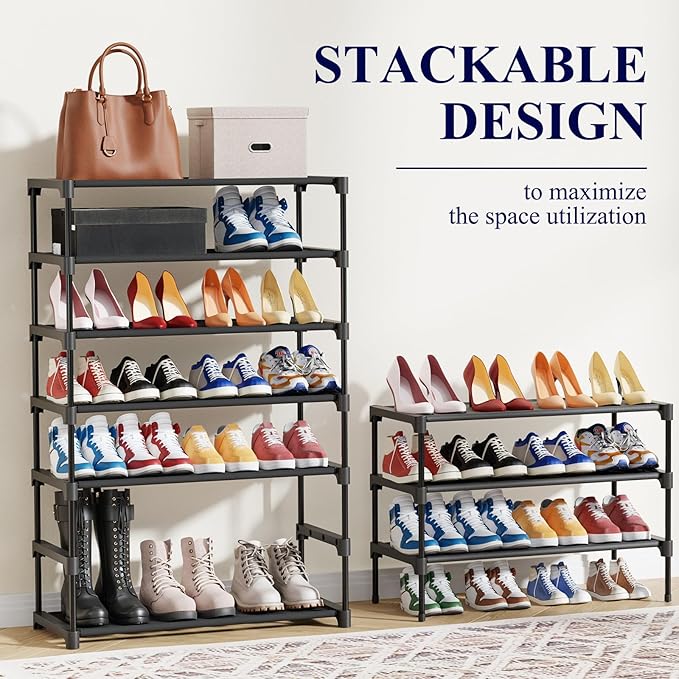 Kitsure Shoe Rack - Non-Woven Shoe Rack Shelf, Shoe Organizer for Closet, Entryway, Garage & Corridor, Stackable Shoe Shelves, 2X-Large, Black