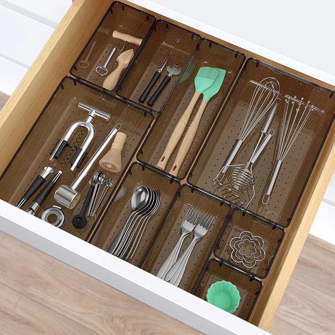 7 PCS Clear Plastic Drawer Organizers Set, 4 Size Desk Drawer Organizer Trays for Makeup, Jewelry, Kitchen Utensils, Gadgets and Office Accessories, Black-NeatNest