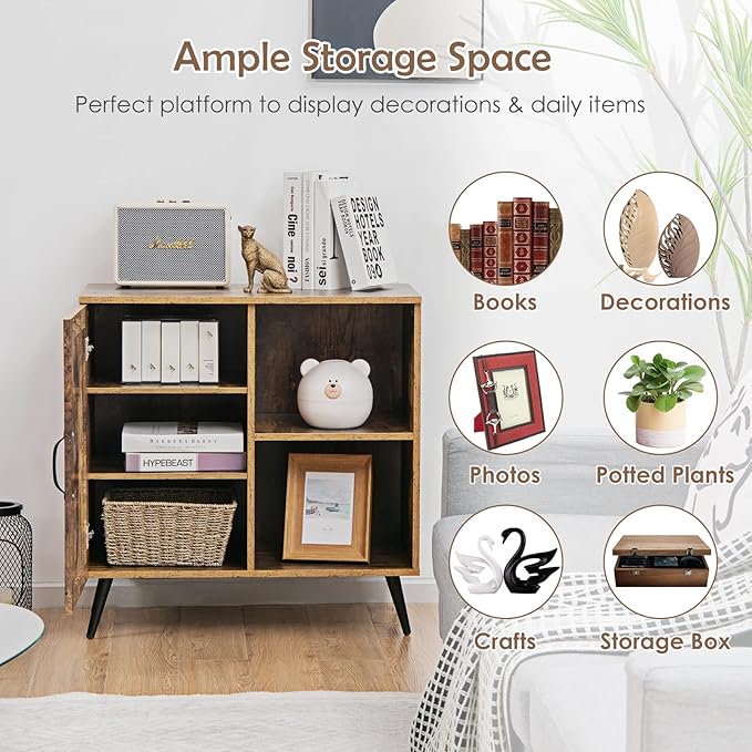 Giantex Mid-Century Storage Cabinet, Buffet Sideboard with Single Door & Adjustable Shelves, Free-Standing Cupboard, Wooden Accent Side Cabinet for Living Room, Rustic Brown