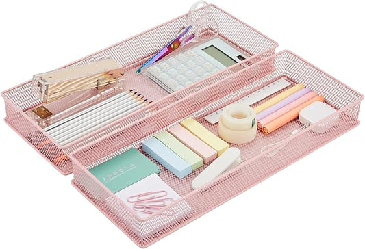 Annova Mesh Stackable Drawer Cabinet and Shelf Organizer Bins Storage Basket School Office Supply Holder Tray- Set of 2 (Light Pink, 6x15x2 Inch)-NeatNest