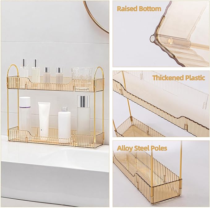 YCIA&DONE 2 Tiers Narrow Vanity Makeup Organizer, Bathroom Organizers Countertop Slim, Perfume Holder Skincare Storage Cosmetic Shelf Spice Rack, for Small Desktop Counter Space, Amber Gold-NeatNest