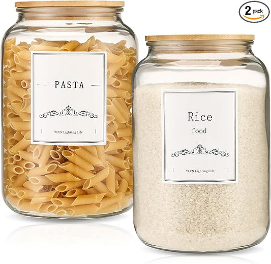 108oz Large Glass Jar With Lid- Glass Jars Kitchen Canisters With Airtight Bamboo Lids- Food Storage Containers For Flour Sugar Cereal, Egg, Cookie-2 Pack