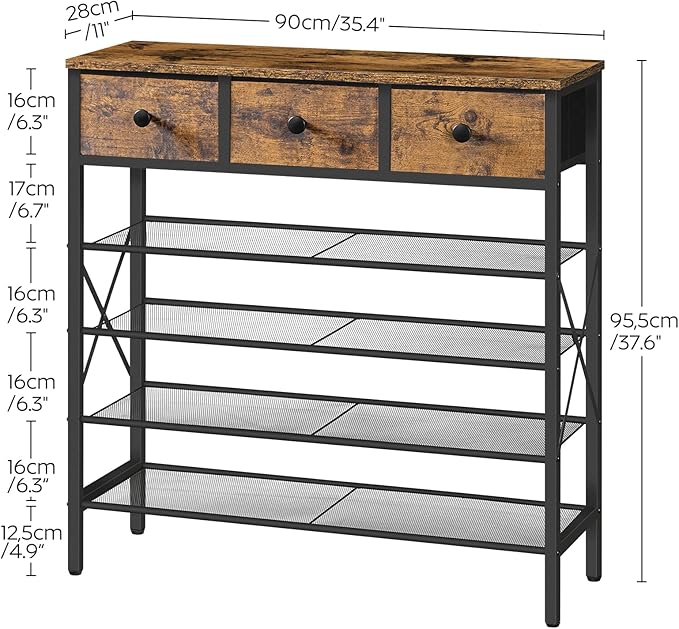 5-Tier Shoe Rack with 3 Drawers, Metal Shoe Organizer for 20 Pairs with Storage Shelves and Wooden Top, for Entryway, Hallway, Foyer, Closet, Rustic Brown and Black SS35BR-NeatNest