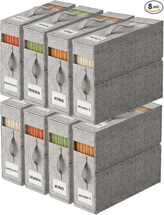 8Pack Sheet Organizers and Storage with Handles – Foldable Linen Closet Storage for King & Queen Sheet Sets – Clear Window & Removable Labels – Dustproof & Space-Saving Design, Grey-NeatNest