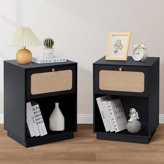 Mid Century Night Stand Set of 2, Modern Nightstand with Drawer & Curved Linen Panel, Farmhouse End Table Wood Bedside Table Small Side Tables for Small Space, Bedroom (Black)