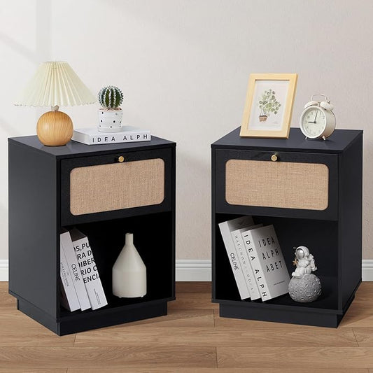 Mid Century Night Stand Set of 2, Modern Nightstand with Drawer & Curved Linen Panel, Farmhouse End Table Wood Bedside Table Small Side Tables for Small Space, Bedroom (Black)