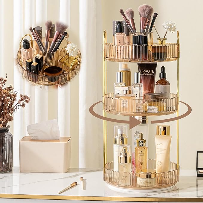 Rotating Makeup Organizer for Vanity, High-Capacity Skincare Clear Make Up Storage Perfume Organizers Cosmetic Dresser Organizer Countertop 360 Spinning (Gold, New-3 Tier)-NeatNest