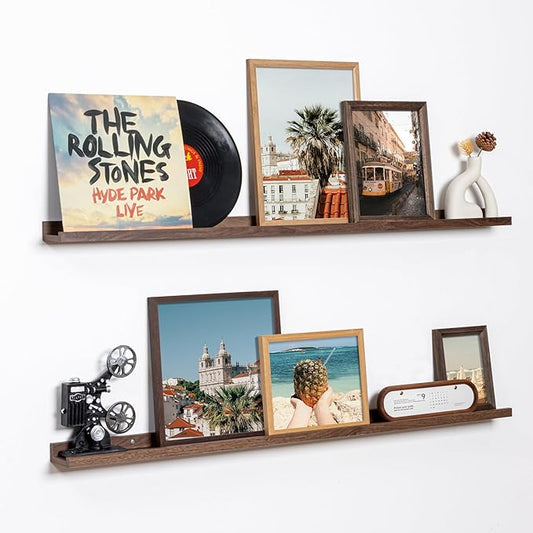 Fun Memories Picture Ledge Shelf, 48 Inch Floating Shelves Set of 2, Large Nursery Book Shelves for Toys Storage, Kids Bookshelf Wall Mounted for Wall Decor Books Photo Frames, Walnut-NeatNest