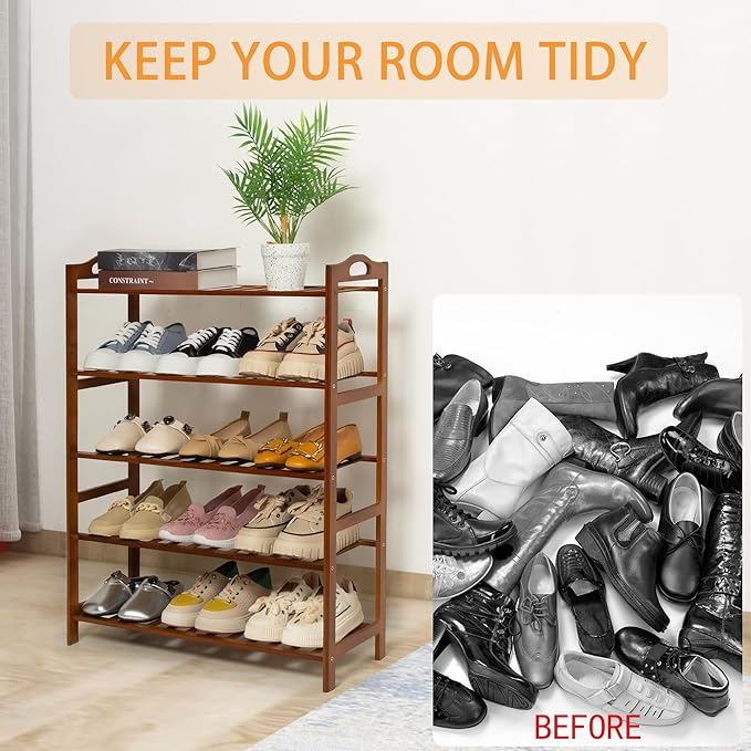 5 Tier Bamboo Shoe Rack, Free Standing Shoes Rack Shoe Shelf Shoe Organizer for Closet, Entryway, Bedroom, Living Room, Front Door, Studio, Bathroom-NeatNest