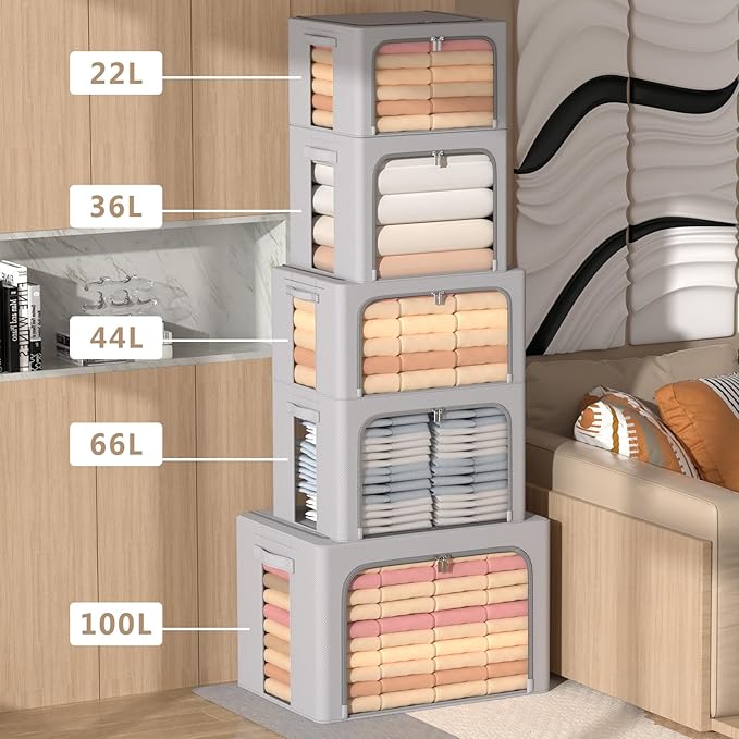4 Pack Clothes Storage Bins - Oxford Fabric Metal Frame Storage Box - Foldable Stackable Container Organizer Set with Clear Window & Carry Handles & Zippers (Grey, 19.7"x15.7"x8")-NeatNest