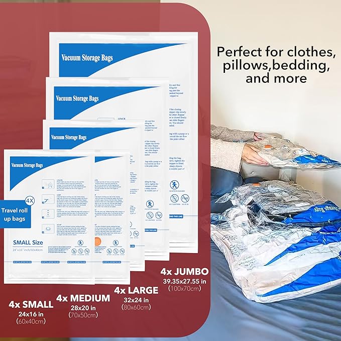 Vacuum Storage Bags 20 Combo (4 Jumbo/4Large/4 Medium/4 Small/4 Roll), Plastic Packaging Bags,Space Saver Sealer Bags for Clothes, Pillows, Comforters, Blankets, Bedding-NeatNest