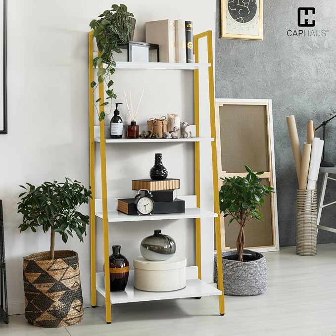 CAPHAUS 4 Tier Ladder Bookshelf, 24 Inch Width Free Standing Shelf, Bookcase Shelf Storage Rack Organizer, Industrial Book Shelves for Home Office, Living Room, Kitchen, White Shelves & Gold Frame-NeatNest