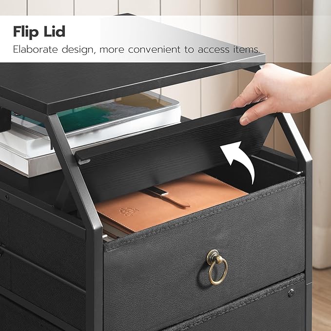 HOOBRO 2-Drawer Mobile File Cabinet, Filing Cabinet with Charging Station, Rolling Printer Stand with Open Storage Shelf, fits A4/Letter-Size for Home Office, Nonwovens Drawer, Black BB10UWJ01