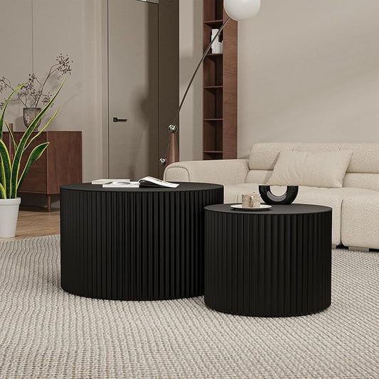Round Wood Coffee Table Set of 2 Modern Circle Nesting Coffee Table Handcrafted Drum Nesting Table Nesting Coffee Tables for Living Room for Small Space (Black (D18.9+D14.8 inch))