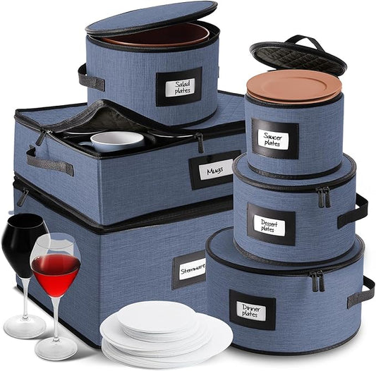 Hearth & Harbor Fine China Storage Containers, 6 Piece Dish Storage Containers, Stackable Plate Storage, Coffee Mug Storage and Wine Glass Storage Box with Dividers, Quilted Dish Organizers, Blue-NeatNest