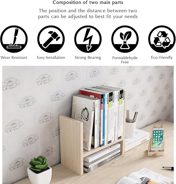 Jerry & Maggie Desktop Organizer Office Storage Rack Adjustable Wood Display Shelf Free Style Double H, Multi-Functional Mini Bookshelf for Desk Natural Stand (White Wood Tone)-NeatNest