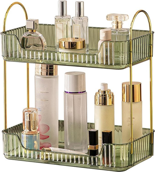 2 Tier Bathroom Organizer Countertop Makeup Perfume Tray Skincare Organizer for Bathroom Dresser Vanity (Green)-NeatNest