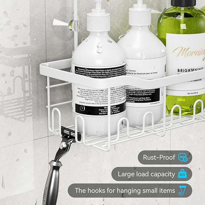 BYT Shower Caddy Hanging, Organizer Hanging for Bathroom, Shower Basket with Hooks, Shower Storage, Shelf, Rack No Drilling for Faucet or Cross Bar (White)