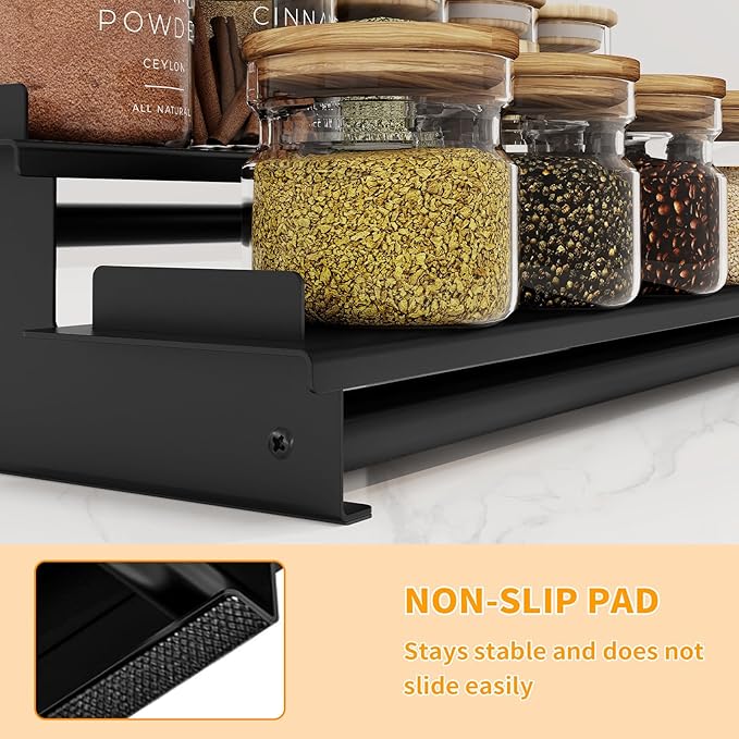 2 Pack Spice Rack Organizer for Cabinet, 3 Tier Seasoning Organizer, Metal Step Shelf Countertop Spice Racks for Inside Cabinets, Kitchen, Black