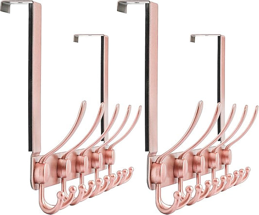 Dseap Over The Door Hook Hanger - 5 Tri Hooks, Heavy Duty Over The Door Towel Rack Coat Rack for Clothes Hat Towel, Rose Gold, Pack of 2
