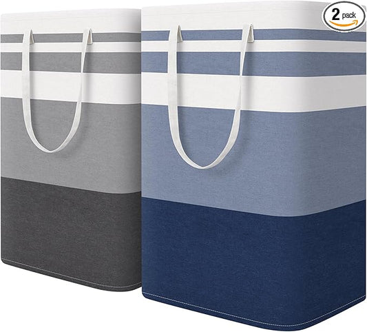 HomeHacks 2 Pack Large Laundry Baskets, Waterproof, Freestanding Laundry Hampers, Collapsible Clothes Hamper with Reinforced Handles in Laundry, College Dorm, Bathroom, Bedroom (Grey+Blue, 75Lx2)-NeatNest