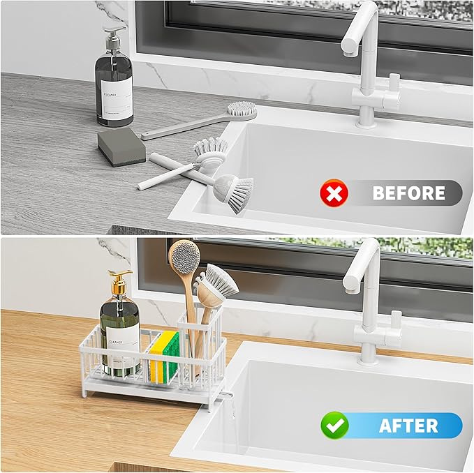 Cisily White Sponge Holder for Kitchen Sink, Sink Caddy Organizer with High Brush Holder, Kitchen Countertop Organizers and Storage Essentials, Rustproof 304 Stainless Steel, Soap Dispenser Organize-NeatNest