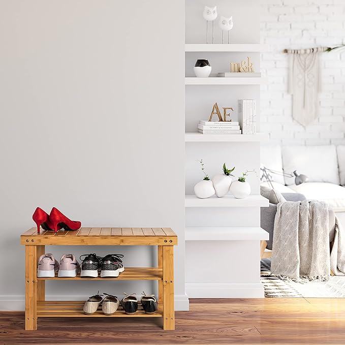 Homemaid Living Bamboo 3 Tier Shoe Rack Small Bench, Outdoor Shoe Rack Weatherproof - Shoe Rack with Bench, Bathroom Bench, Shoe Organizer for Entryway, Hallway, Living Room (Natural Bamboo)-NeatNest