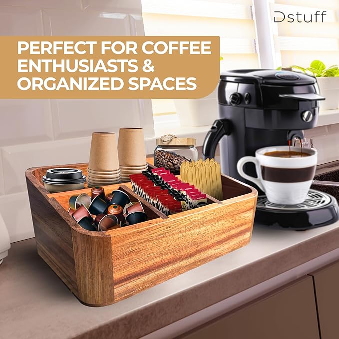 Dstuff Acacia Wood Coffee Station Organizer for Countertop, Tea Organizer and Holder, Coffee Bar Caddy with Multiple Compartments for Home and Office Decor-NeatNest